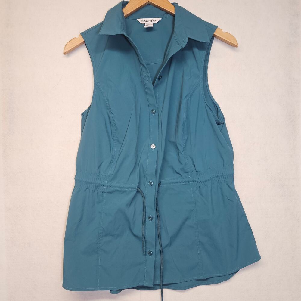 Athleta Levitate Poplin Tank Button Down Borealis Green Size Medium #798899